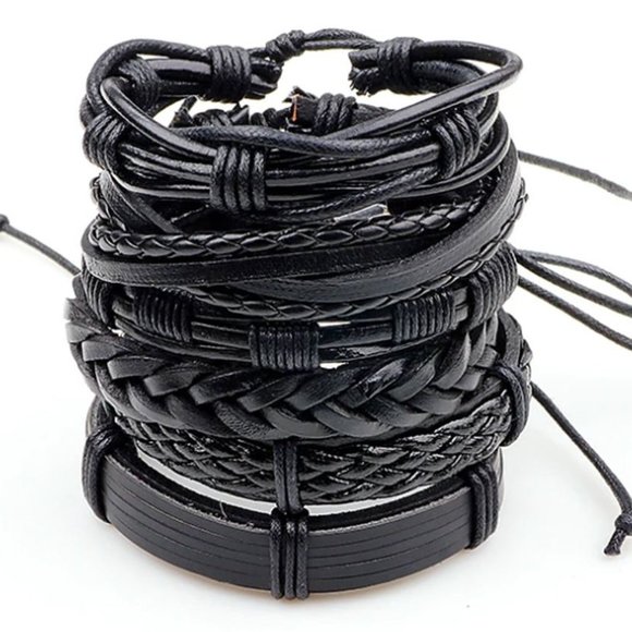 6pcs Men's Multilayer Leather Bracelet (Black) - Picture 1 of 5